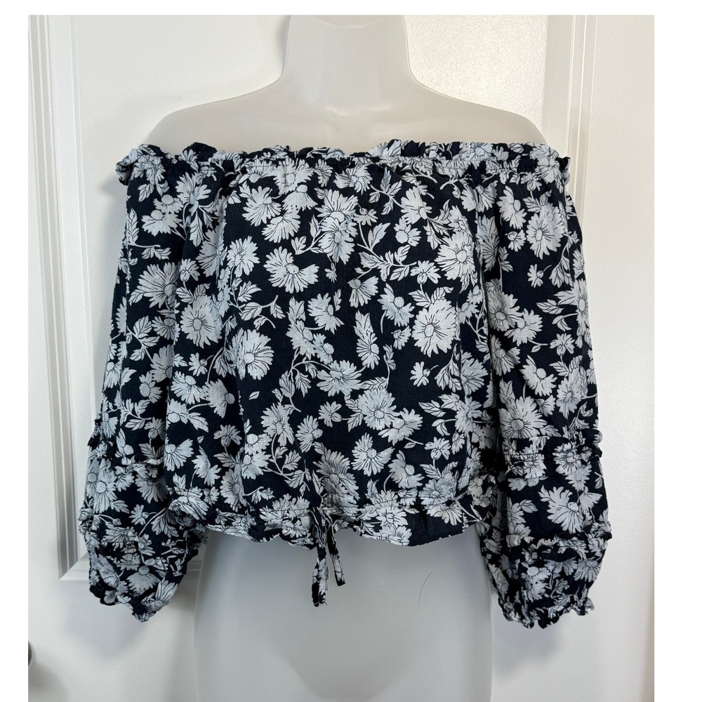 LC Lauren Conrad‎ Navy Floral Off Shoulder Ruffle Cottagecore Crop Top XL Blue